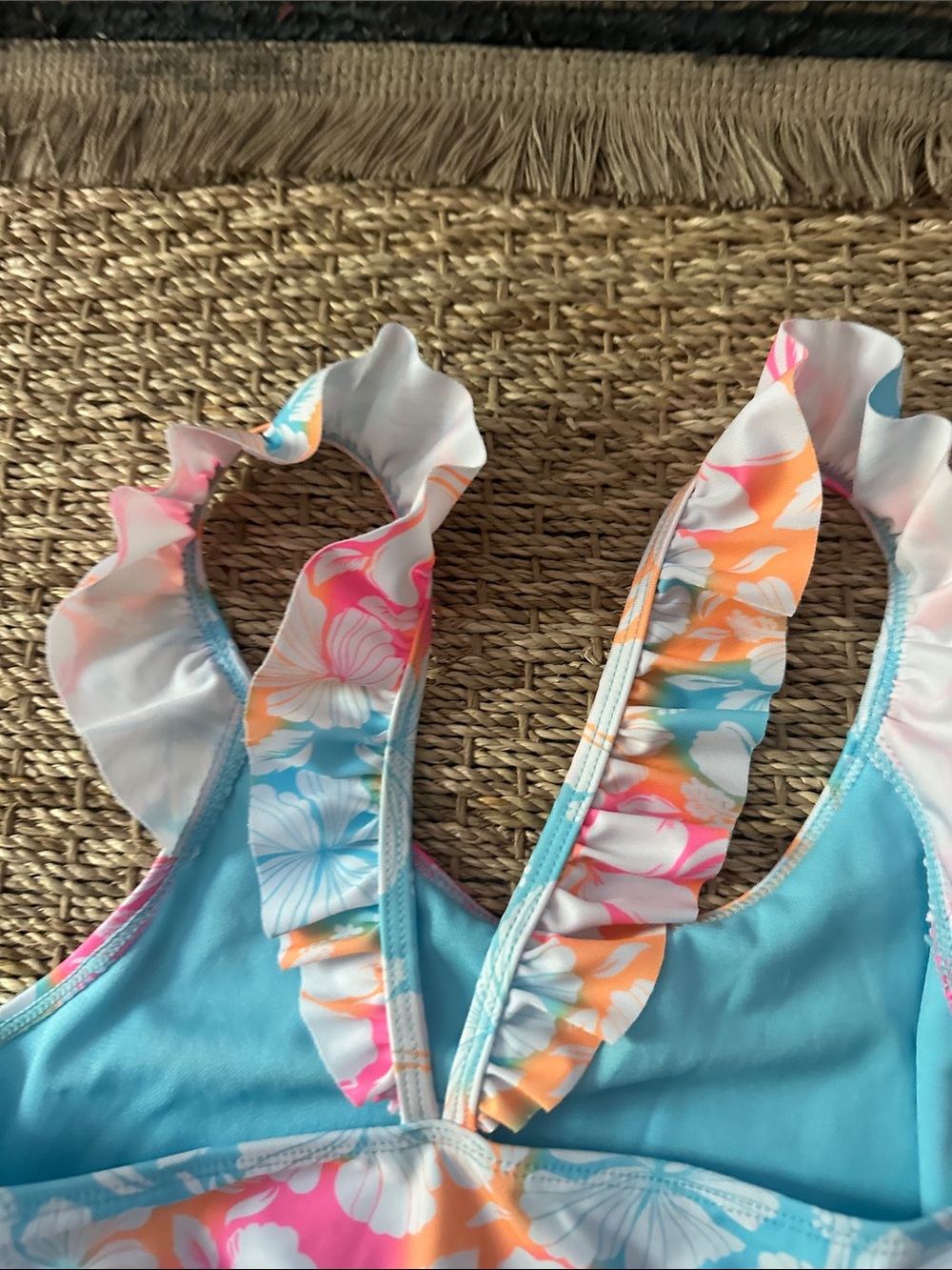 wonder nation Floral Ruffle-Shoulder One-Piece Swimsuit - Blue, Pink, Orange - Picture 5 of 8